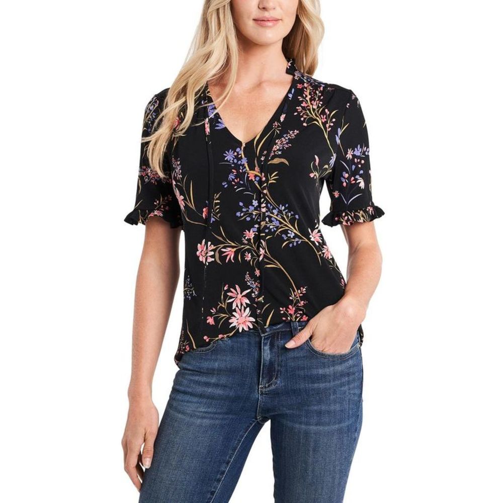 CeCe Womens Black Tie Neck Ruffled Shirt Pullover Top NWT
